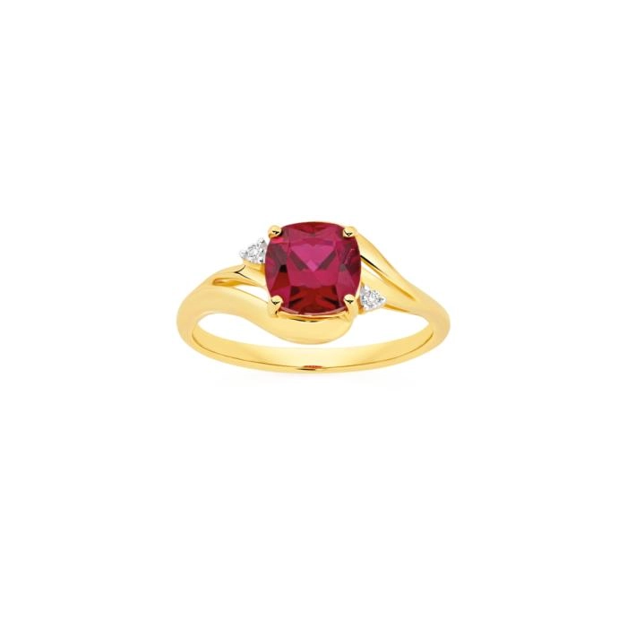 9ct Gold Created Ruby & Diamond Shoulder Ring