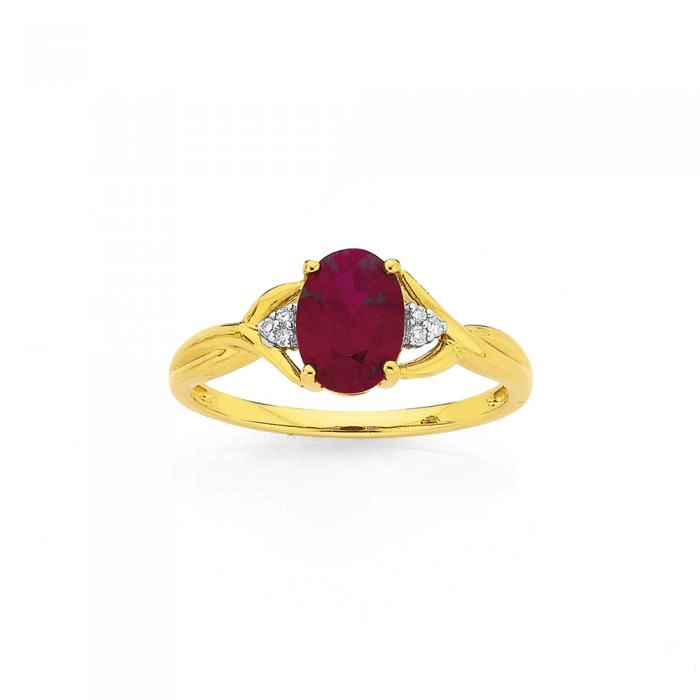 9ct Gold Created Ruby with Diamond Twist Ring