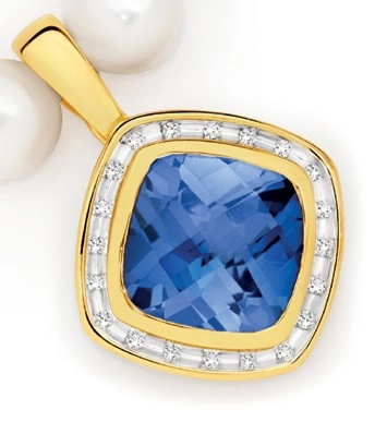 9ct Gold Created Sapphire & Diamond Cushion Cut Enhancer Pendant