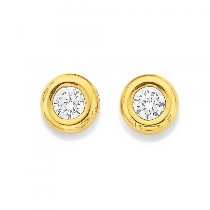 9ct Gold Cubic Zirconia 5mm Round Bezel Doughnut Stud Earrings