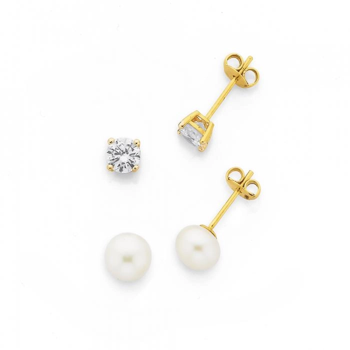 9ct Gold Cubic Zirconia & Pearl Stud Earrings Gift Set