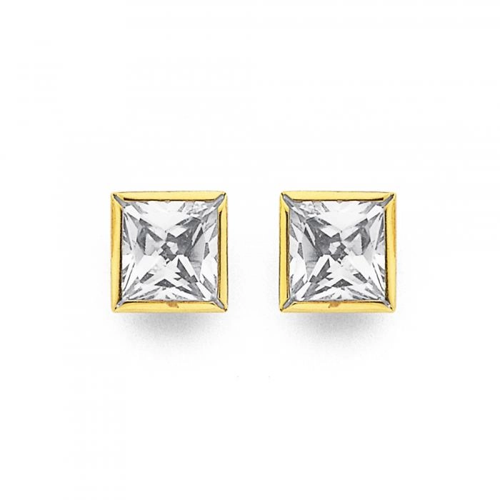 9ct Gold Cubic Zirconia Square Stud Earrings