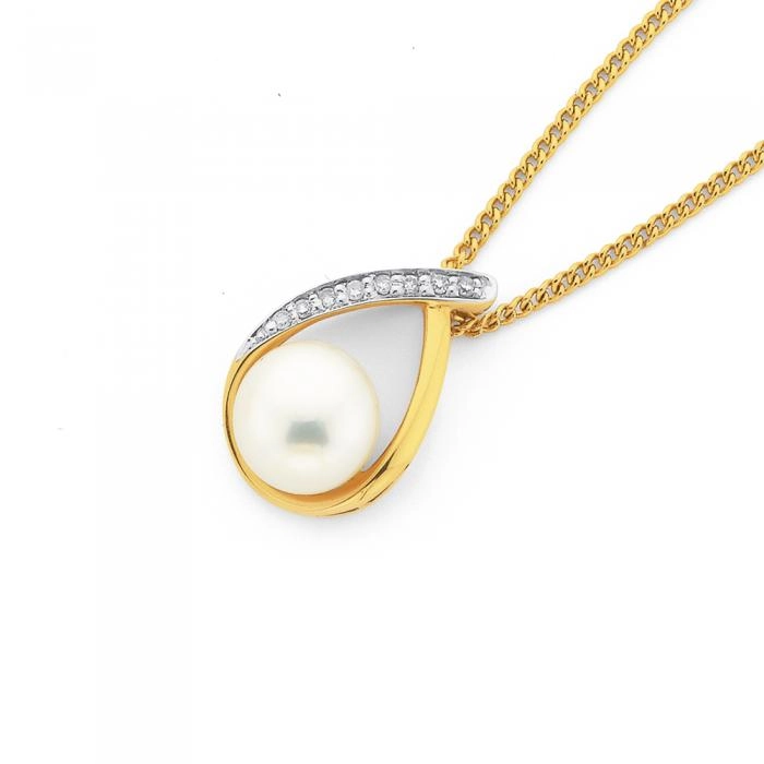 9ct Gold Cultured Fresh Water Pearl & Diamond Loop Pendant