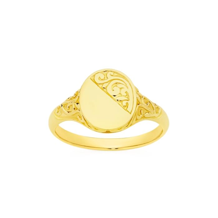 9ct Gold Filigree Engravable & Polished Oval Signet Ring