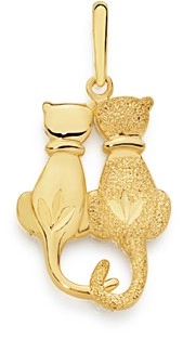 9ct Gold Polished & Stardust Twin Cat Pendant