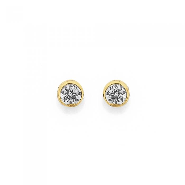 9ct Gold Round Cubic Zirconia Bezel Stud Earrings