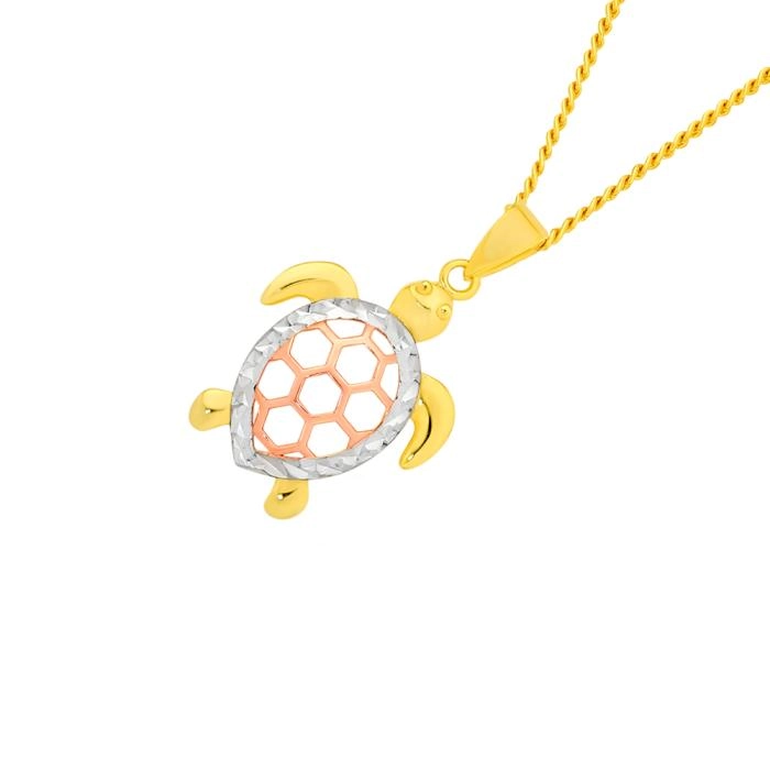 9ct Gold Tri Tone Diamond-Cut Edge Open Turtle Pendant