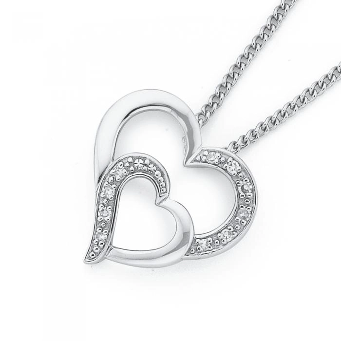 9ct White Gold Diamond Double Heart Pendant