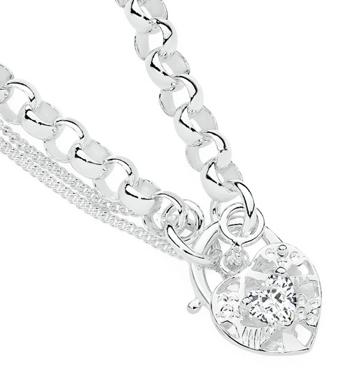 Sterling Silver Clear Cubic Zirconia Filigree Heart Padlock Bracelet