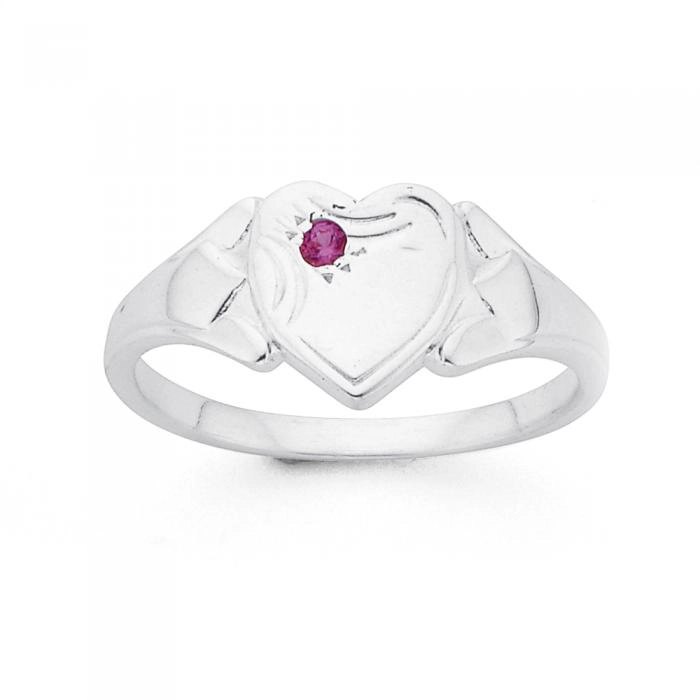 Sterling Silver Created Ruby Heart Signet Ring