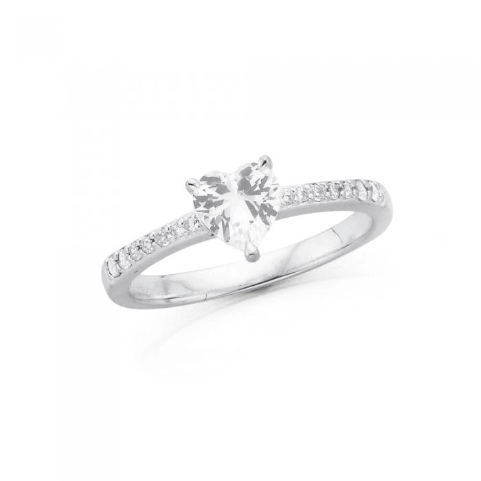 Sterling Silver Cubic Zirconia Heart On Cubic Zirconia Band Ring