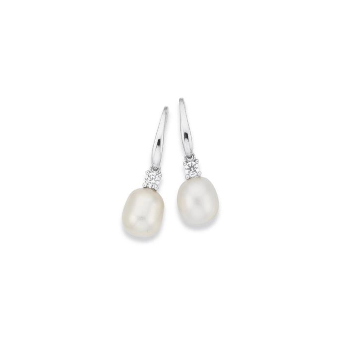 Sterling Silver Cultured Freshwater Pearl & Cubic Zirconia Hook Earring