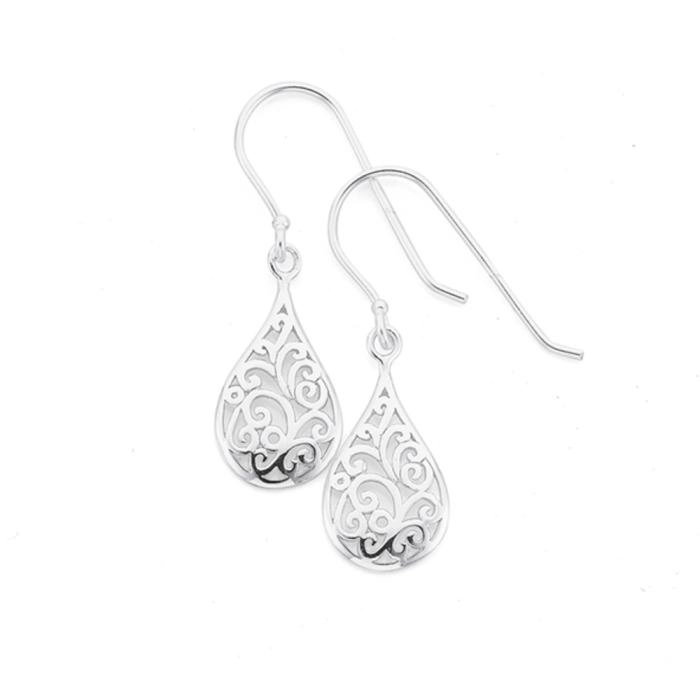 Sterling Silver Filigree Pear Shape Drop Hook Earrings