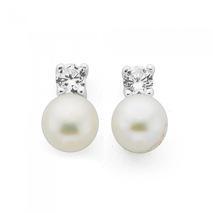 Sterling Silver Freshwater Pearl & Cubic Zirconia Stud Earrings