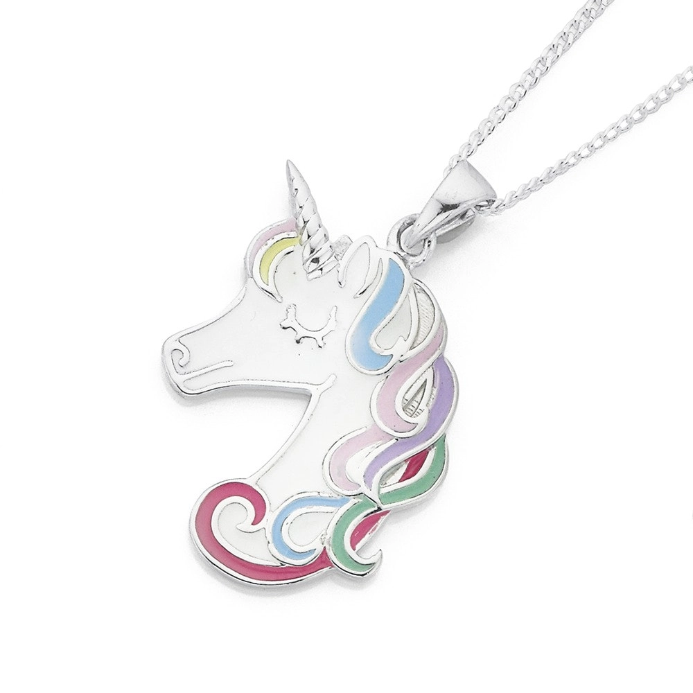 Sterling Silver Multi- Colour Enamel Unicorn Head Pendant