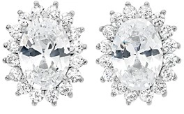 Sterling Silver Oval Cubic Zirconia & Cubic Zirconia Frame Cluster Studs