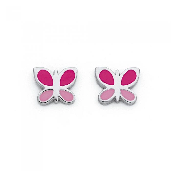 Sterling Silver Pink Butterfly Enamel Earrings