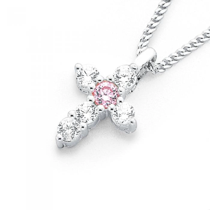 Sterling Silver Pink Cubic Zirconia Cross