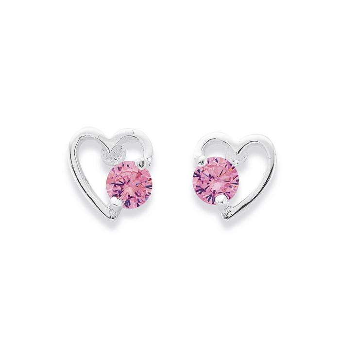 Sterling Silver Pink Cubic Zirconia Heart Studs