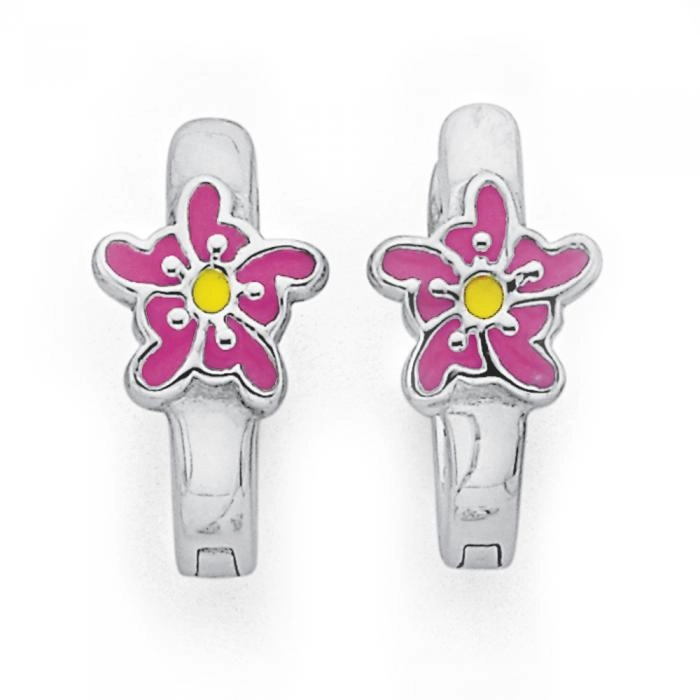 Sterling Silver Pink & Green Enamel Flower Huggies