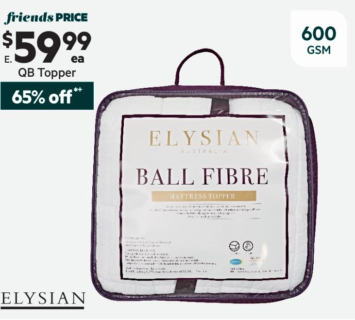 Elysian Ball Fibre 600 GSM Mattress Topper White Queen