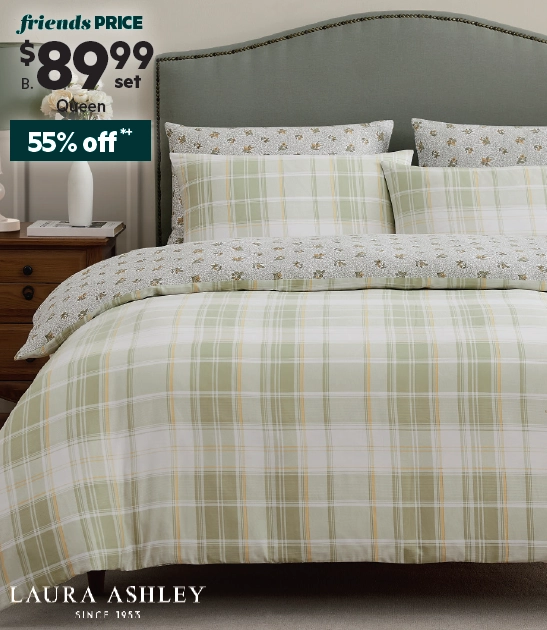 Laura Ashley Balcombe Check Cotton Sateen Quilt Cover Set Sage Queen