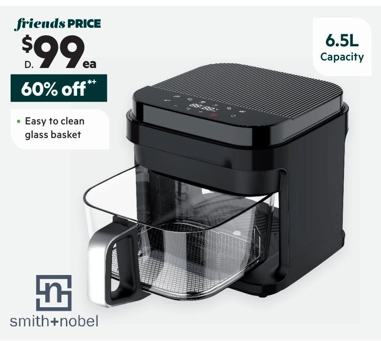 Smith + Nobel 6.5L Digital Air Fryer With Glass Cooking Basket SNAF650G