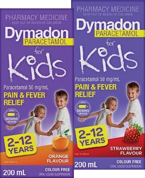 Dymadon Paracetamol for Kids 2-12 Years Orange or Strawberry Flavour 200mL