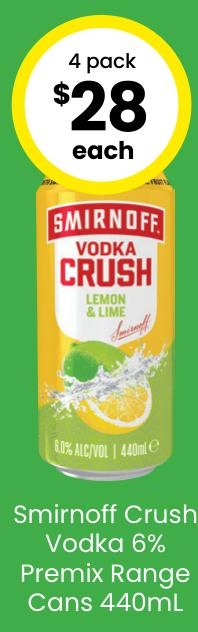 Smirnoff Crush Vodka 6% Premix Range Cans 440ml