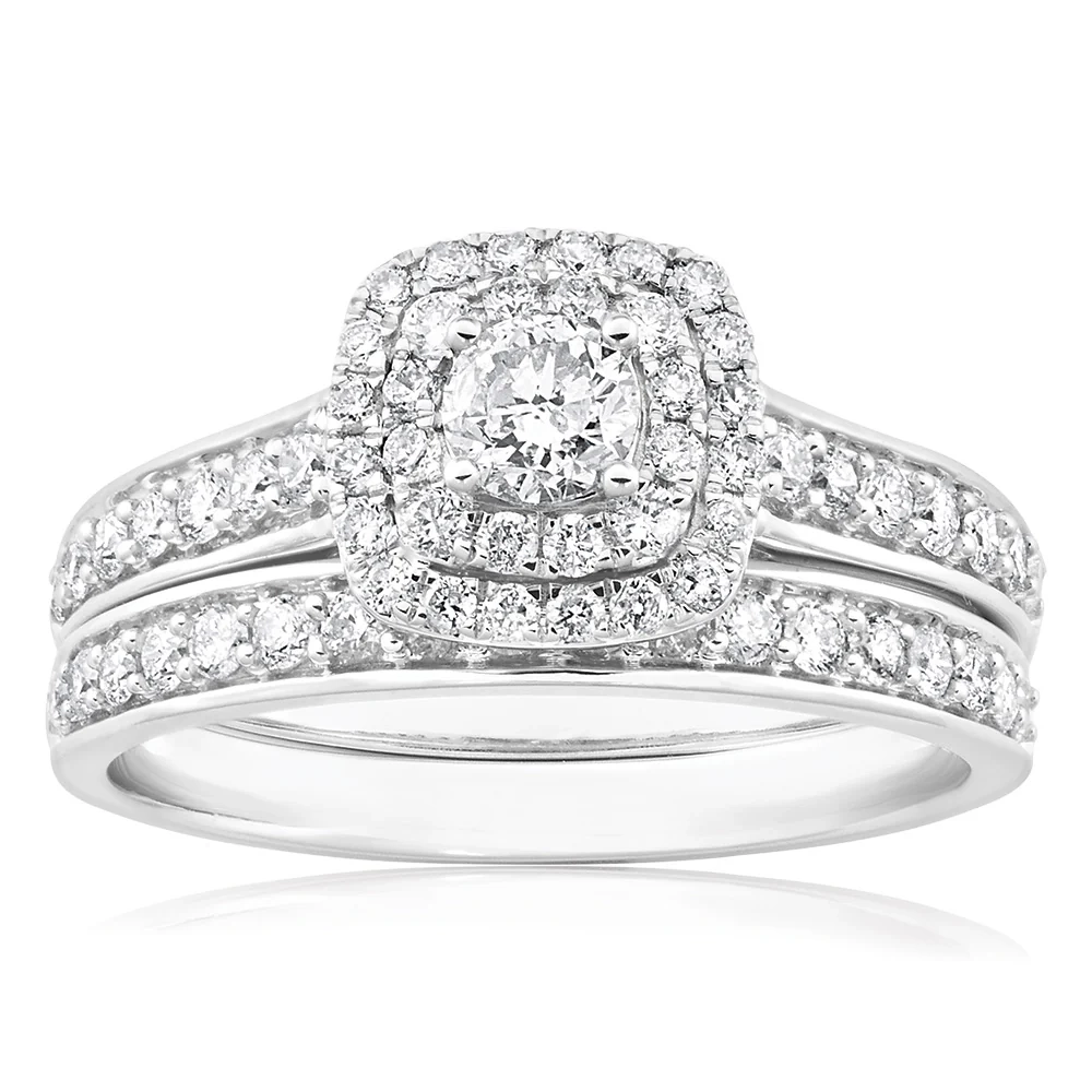 9ct White Gold 2 Ring Bridal Set With 65 Diamonds Totalling 1 Carat – Shiels Jewellers