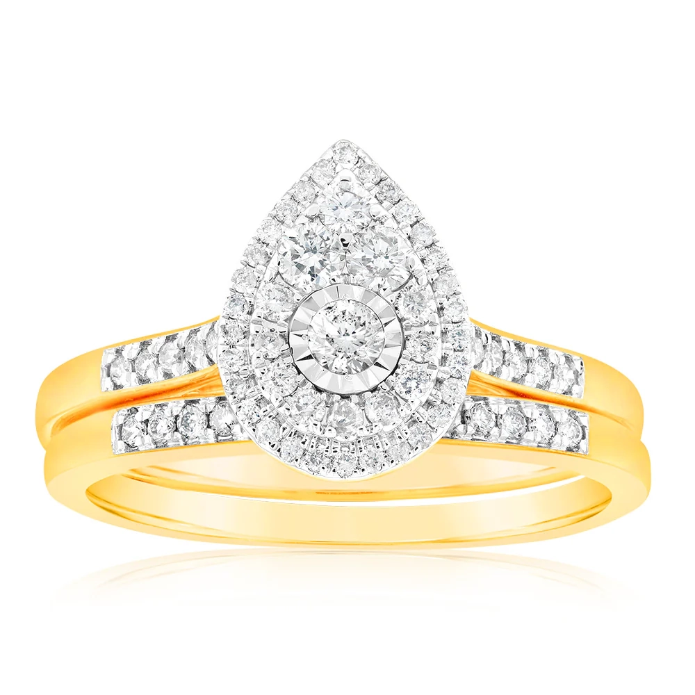 9ct Yellow Gold 1/2 Carat Cluster Diamond Bridal Set Ring – Shiels Jewellers