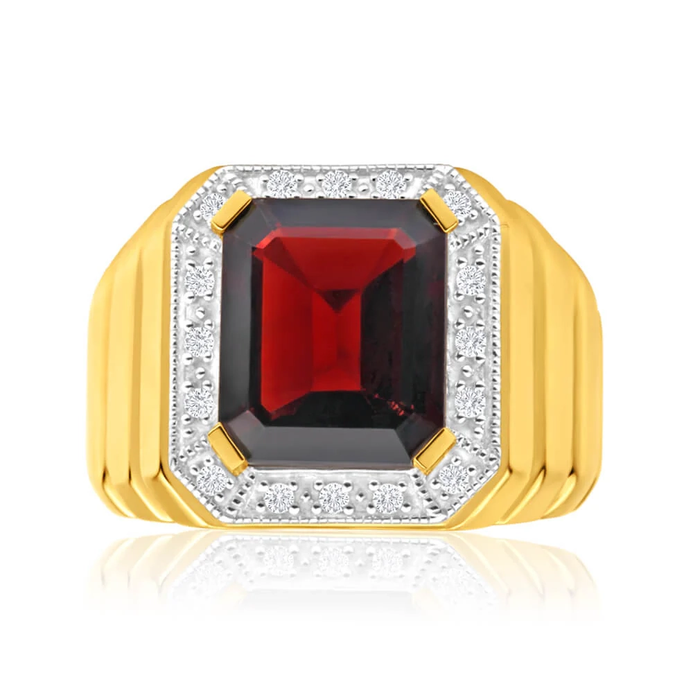 9ct Yellow Gold 12x10mm Emerald Cut Garnet and Diamond Halo Gents Ring – Shiels Jewellers