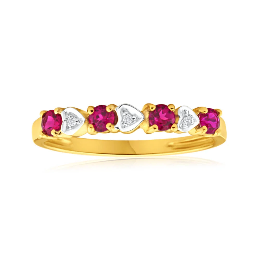 9ct Yellow Gold 4 Created Ruby + 3 Diamond Ring – Shiels Jewellers