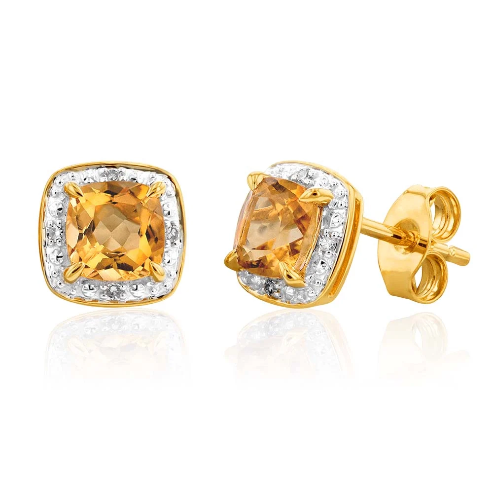 9ct Yellow Gold 5mm 0.50ct Citrine and Diamond Cushion Cut Stud Earrin – Shiels Jewellers