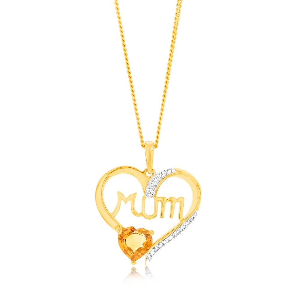 9ct Yellow Gold 6mm Natural Citrine And Diamond Mum Heart Pendant – Shiels Jewellers