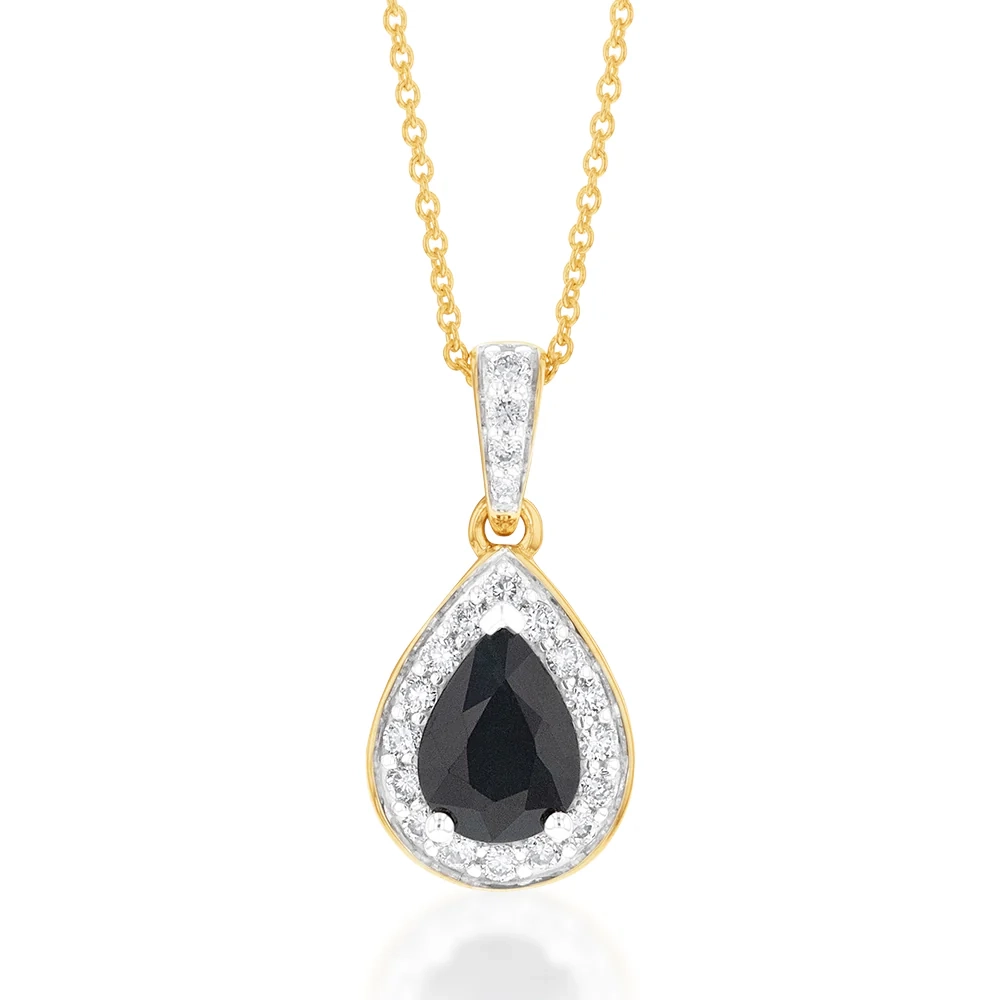 9ct Yellow Gold 7x5mm Natural Sapphire Pear Halo Pendant on 45cm Chain – Shiels Jewellers