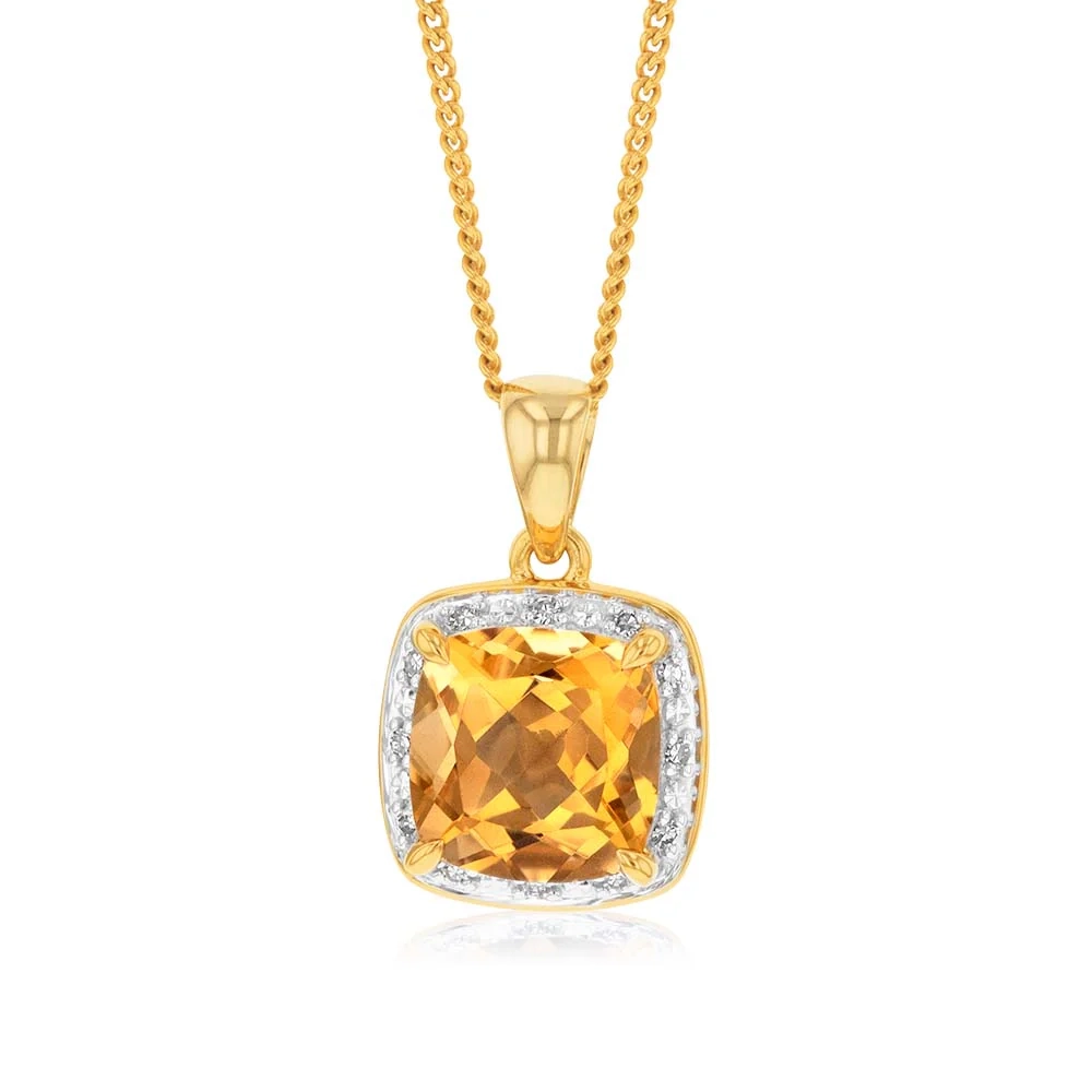 9ct Yellow Gold 8mm 2.00ct Citrine and Diamond Cushion Cut Pendant – Shiels Jewellers