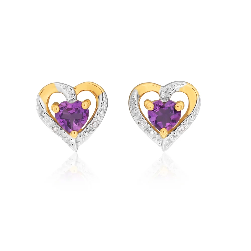 9ct Yellow Gold Amethyst & Diamond Heart Studs – Shiels Jewellers