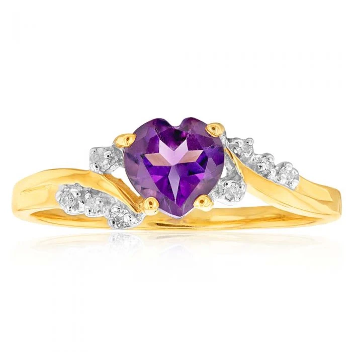 9ct Yellow Gold Amethyst Heart with 8 Diamond Ring – Shiels Jewellers