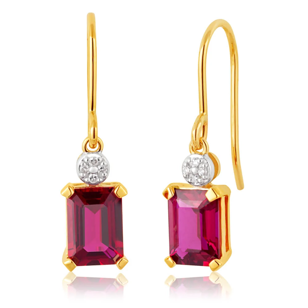 9ct Yellow Gold Created Ruby 7x5mm and Diamond Drop Earrings – Shiels Jewellers