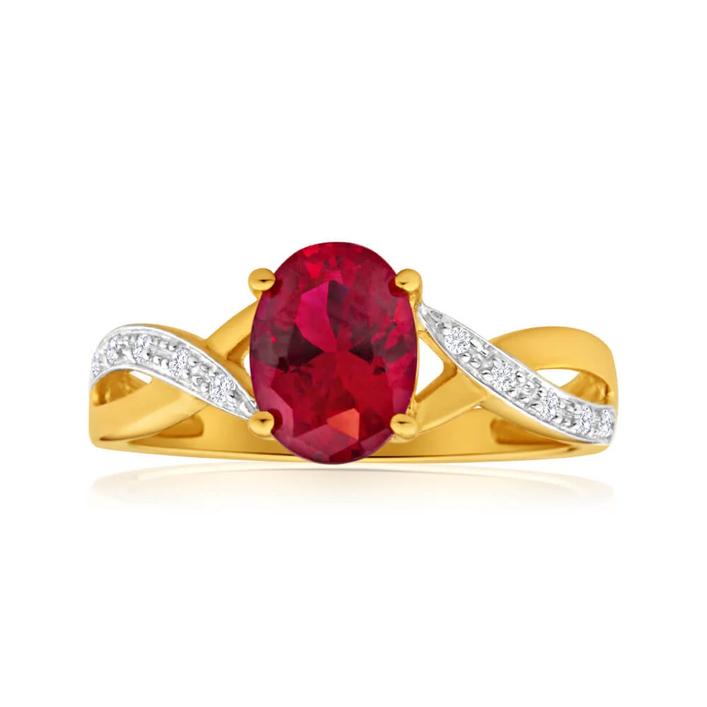 9ct Yellow Gold Created Ruby and Diamond Cross Over Ring – Shiels Jewellers