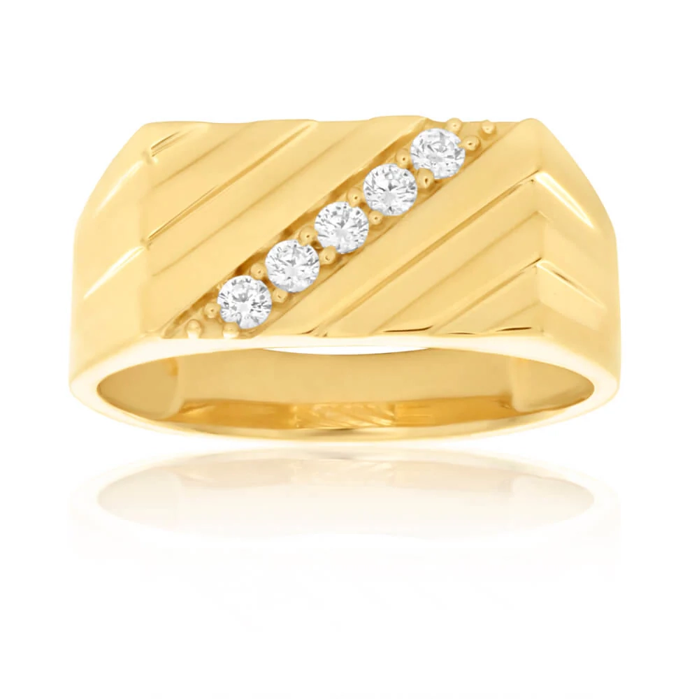 9ct Yellow Gold Diagonal Channel Set Cubic Zirconia Gents Ring – Shiels Jewellers