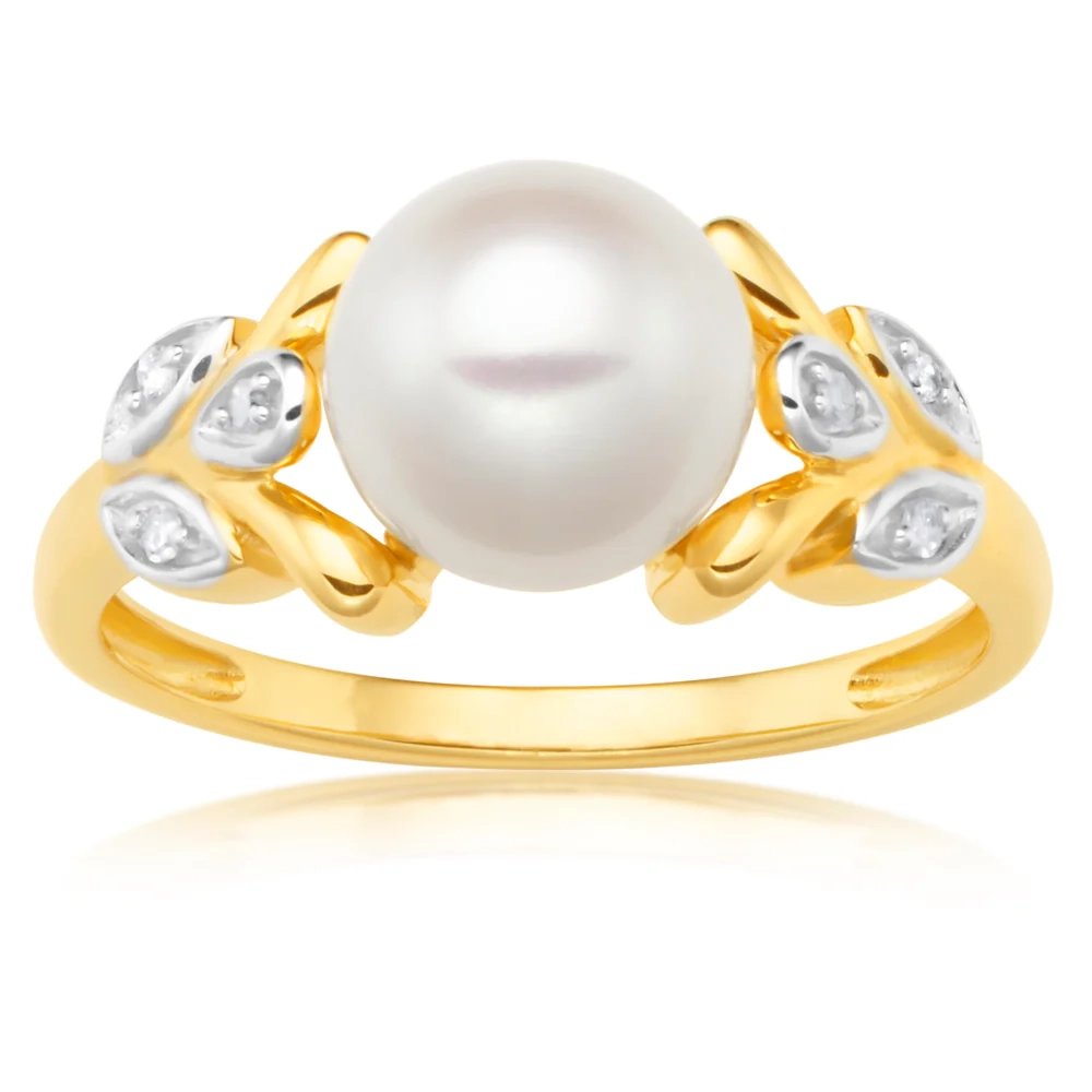 9ct Yellow Gold Freshwater Pearl and Leaf Pattern Diamond Ring – Shiels Jewellers