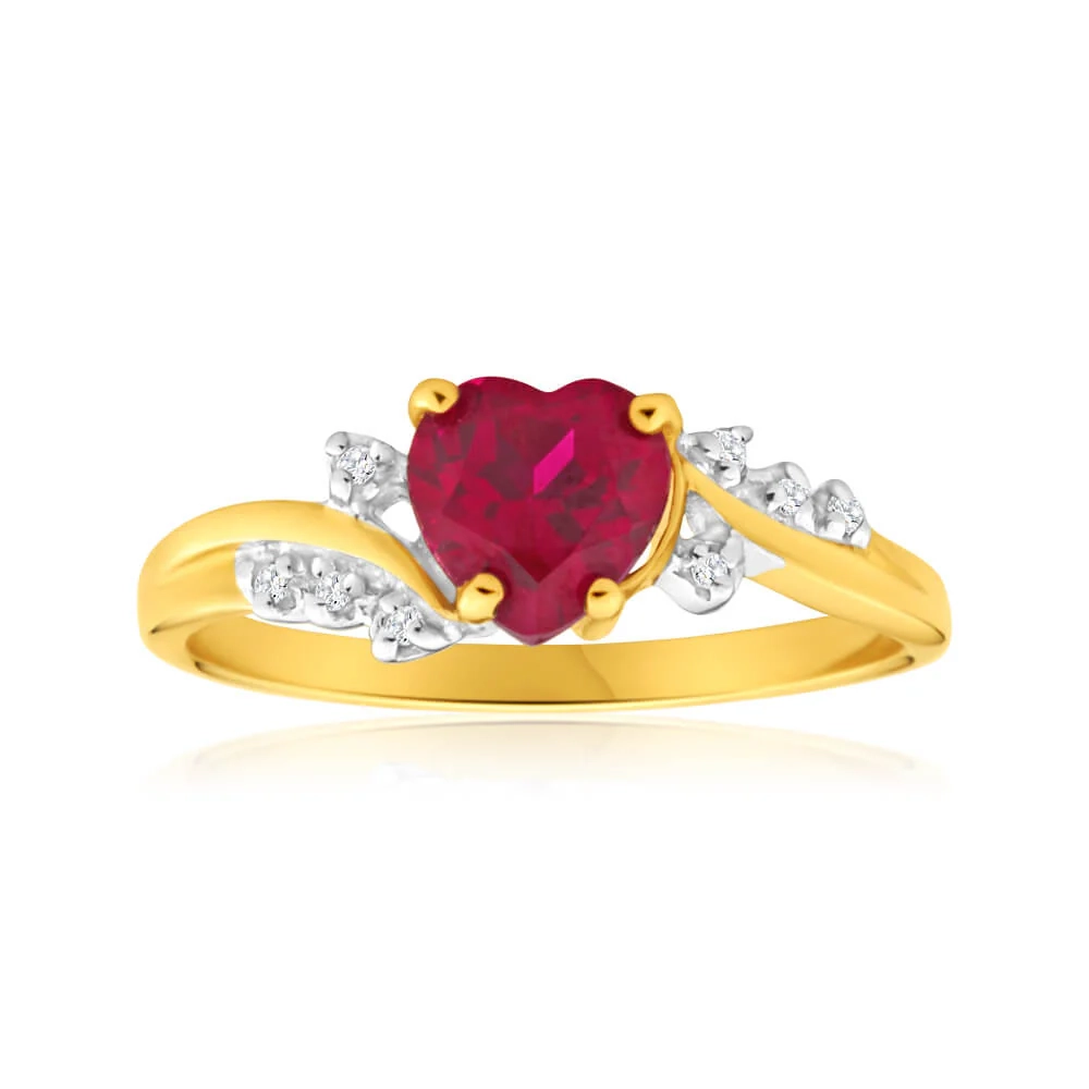 9ct Yellow Gold Heart Created Ruby + Diamond Ring – Shiels Jewellers