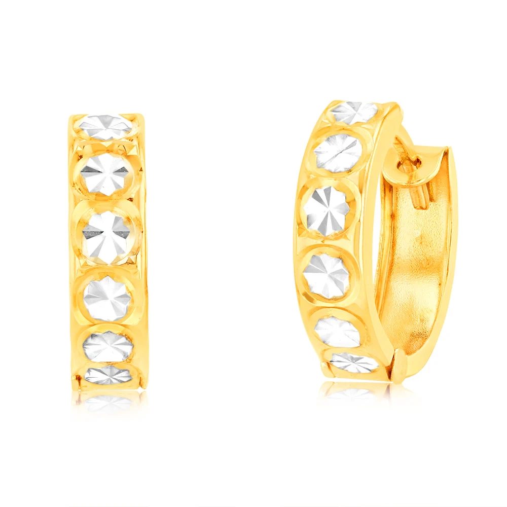 9ct Yellow Gold Huggie Hoop Earrings with diamond cut feature with Rho – Shiels Jewellers