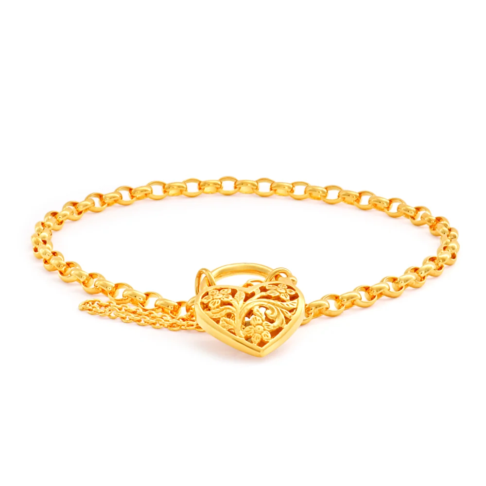 9ct Yellow Gold Oval Belcher Filigree Heart Charm Padlock 19cm Bracele – Shiels Jewellers