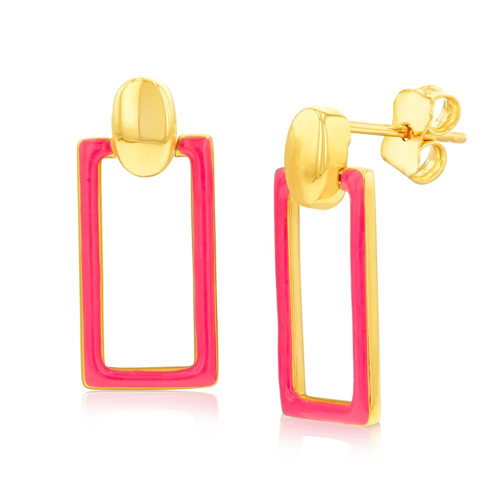 9ct Yellow Gold Pink Enamel Rectangle Drop Earrings – Shiels Jewellers