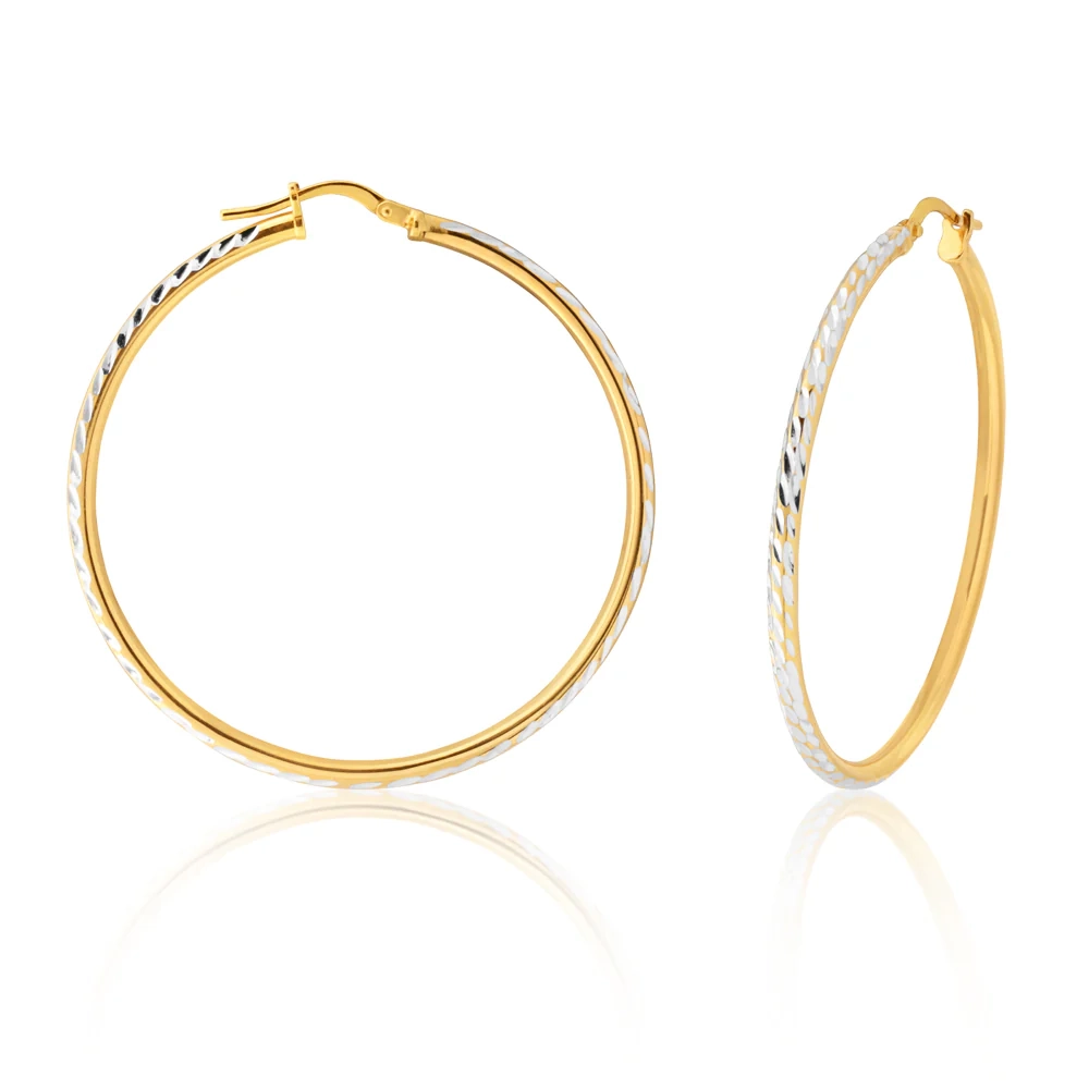 9ct Yellow Gold Silver Filled 40mm Hoop Earrings with diamond cut feat – Shiels Jewellers