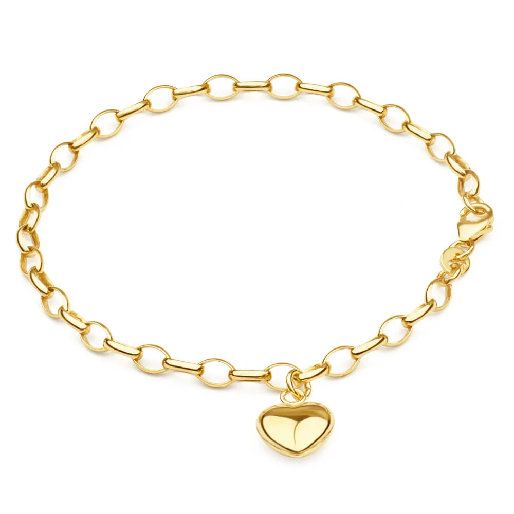 9ct Yellow Gold Silverfilled Heart Charm Belcher 19cm Bracelet – Shiels Jewellers