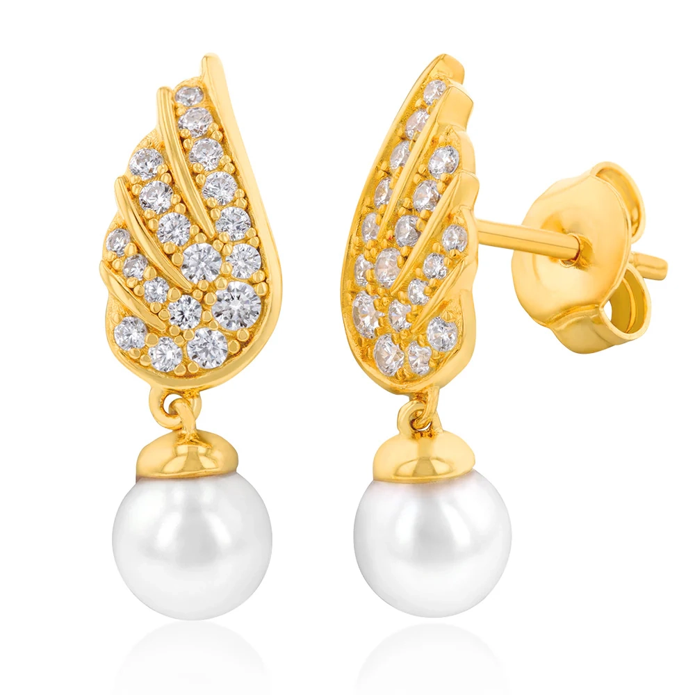 Gold Plated Silver Fresh Water Pearl & Cubic Zirconia On Wings Drop Ea – Shiels Jewellers